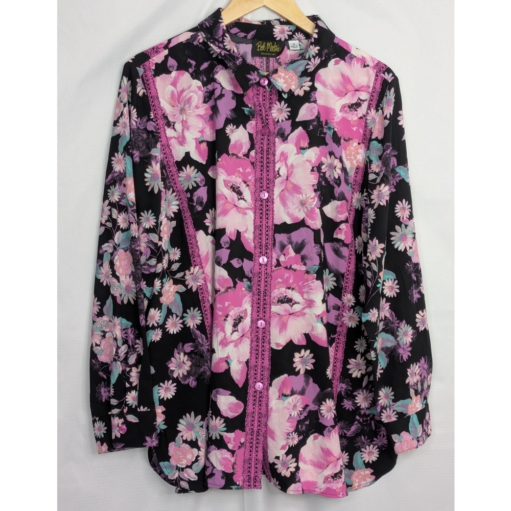 Bob Mackie Wearable Art Womens 1X Floral Button Down Tunic Blouse Lagenlook